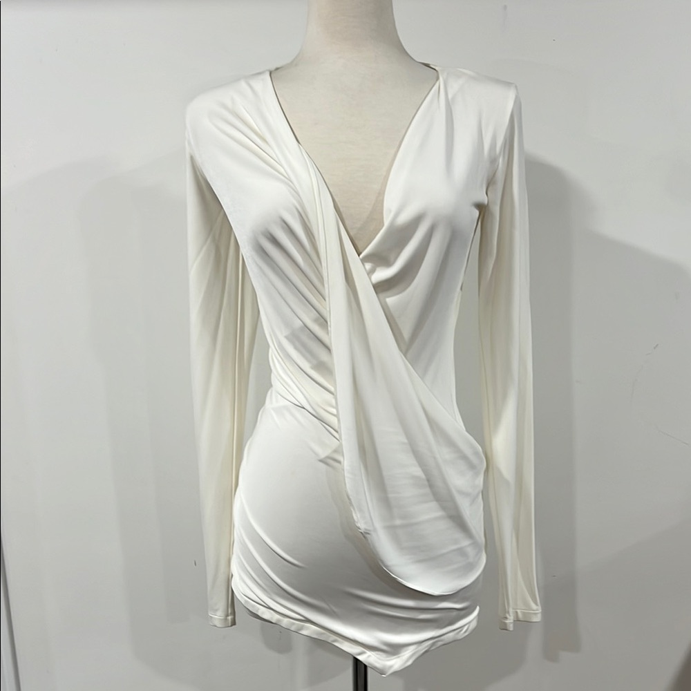 Donna Karan  Elegant White Draped Long Sleeve Top-dress